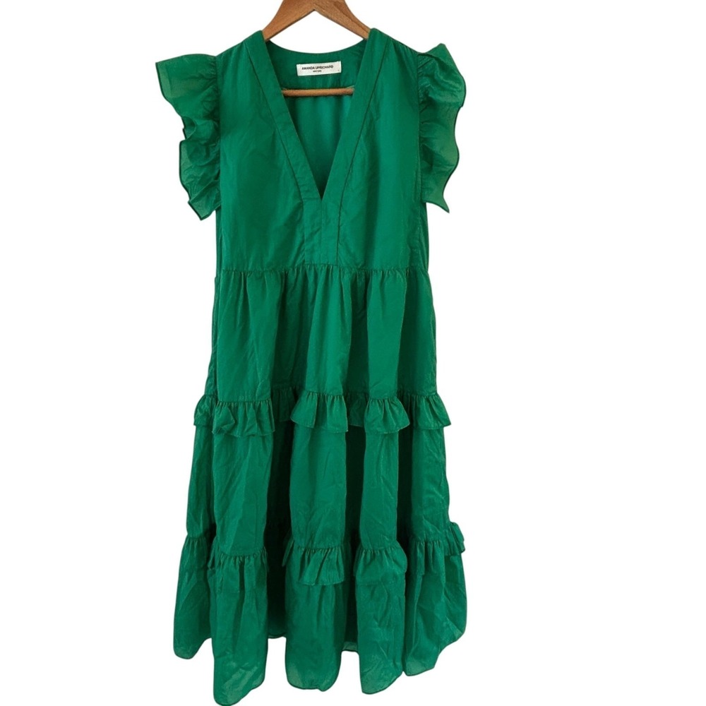 Amanda‎ Uprichard Tiered Ruffle Dress Womens S Green Flutter Sleeve Midi Boho